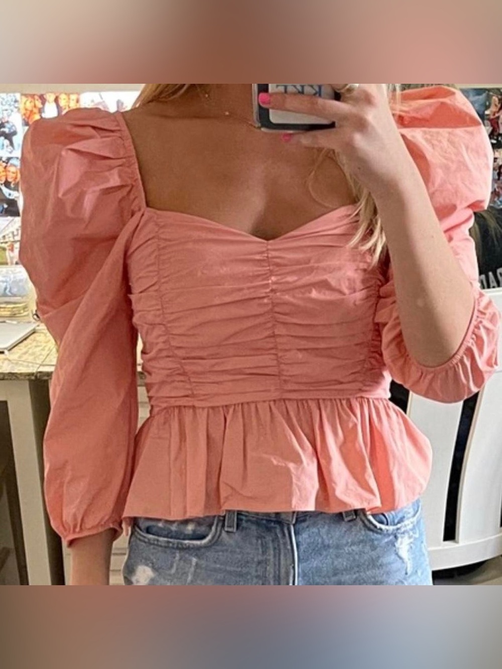Zara Coral Pink Ruched Peplum Puff-Sleeve Top